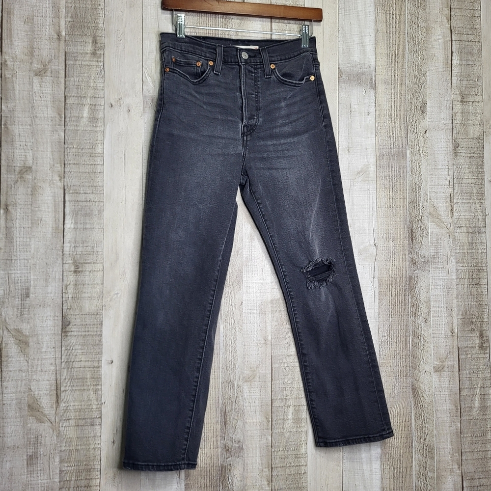 Levi's Wedgie Straight Size 28 Black Distressed Jeans With Button Fly.